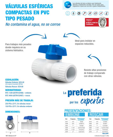 Llave de paso 3/4" pvc c/rosca - PCP