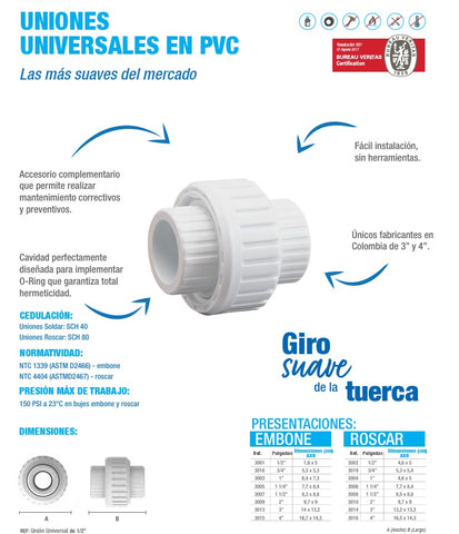 Union universal pvc con rosca 1/2" - PCP