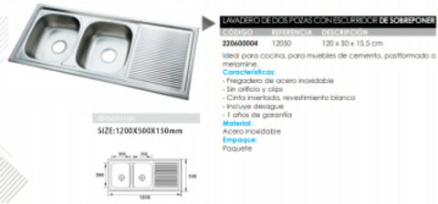 Lavadero cocina acero inoxidable 2Pozas -120x50cm - DANIELLE